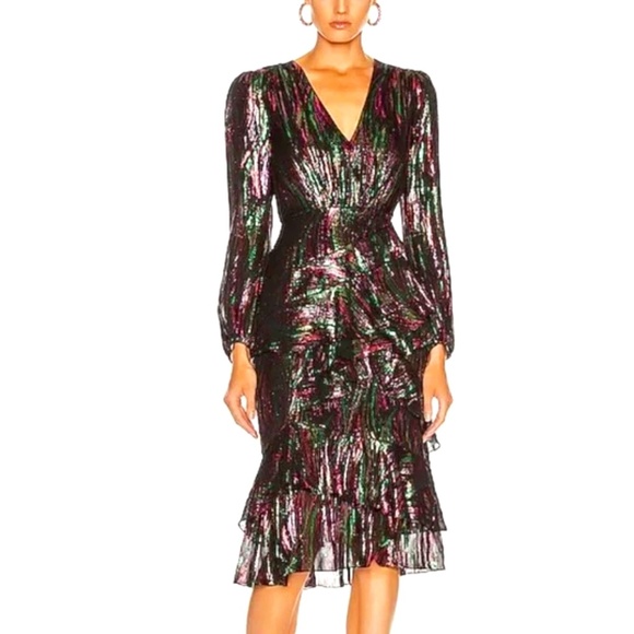 SALONI METALLIC SILK BLEND ALYA OIL SPILL MIDI DRESS US SIZE 2  XS - Picture 1 of 6